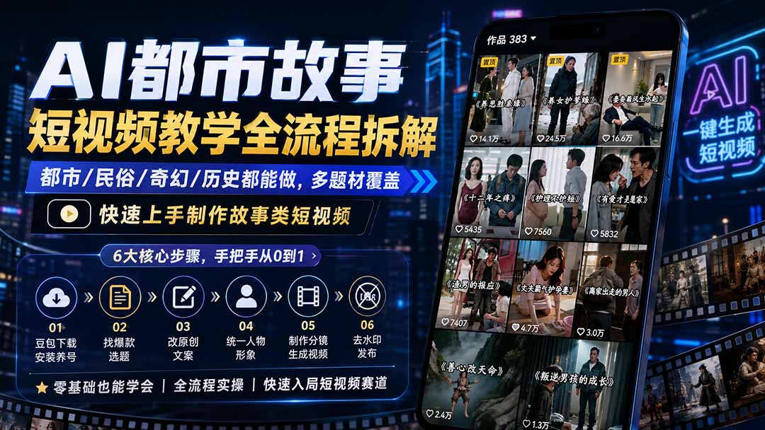 AI都市故事短视频制作教程，豆包安装养号爆款选题文案分镜生成视频，快速入局