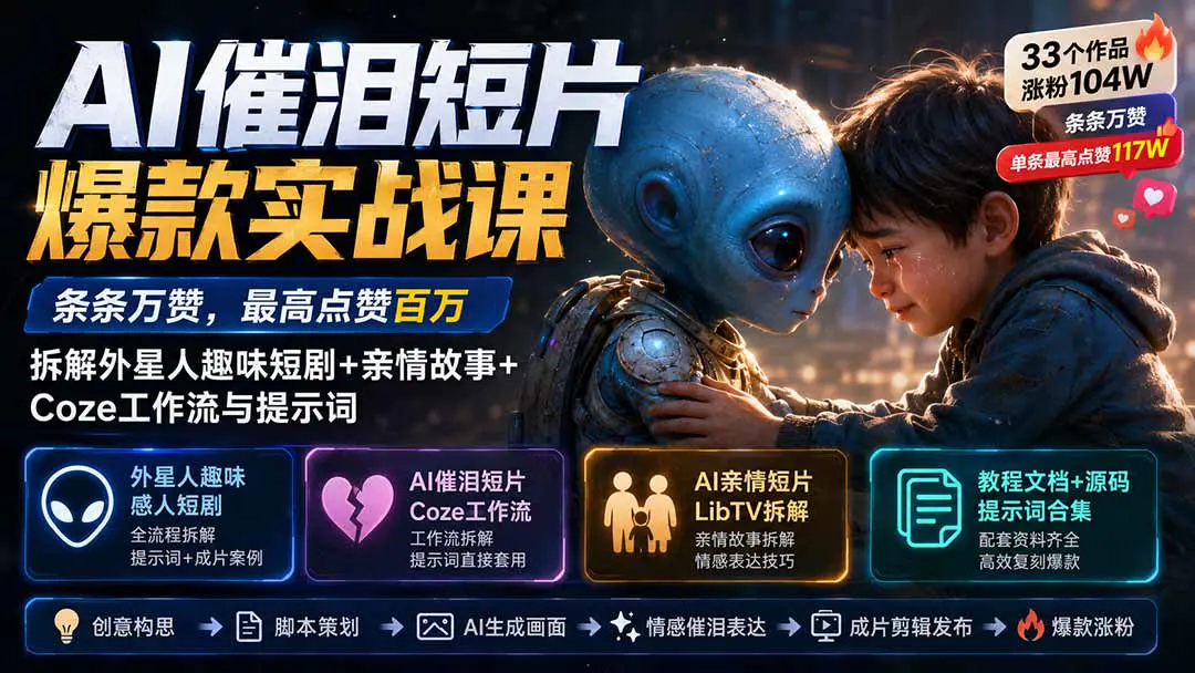 AI趣味感人短片全流程课:拆解外星人短剧/催泪亲情内容创作+Coze工作流+提示词