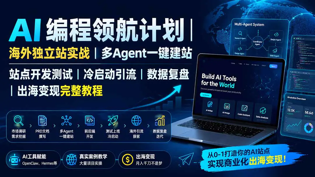 AI编程海外独立站实战,多Agent一键建站+站点开发测试+冷启动引流+数据复盘+出海变现完整教程