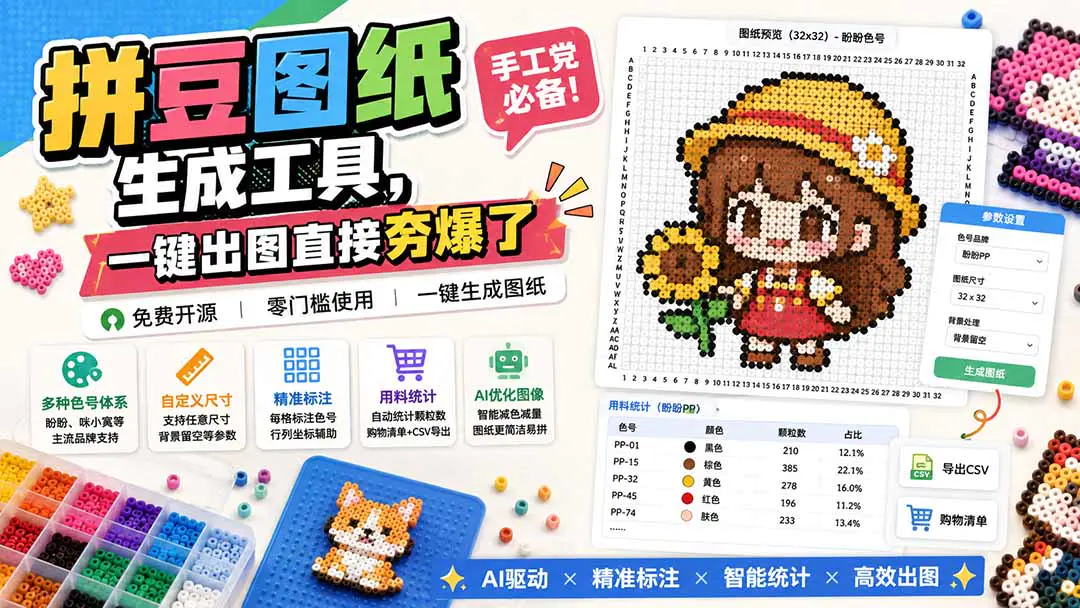 拼豆图纸生成技能工具,手工党必备!一句话指令自动出图
