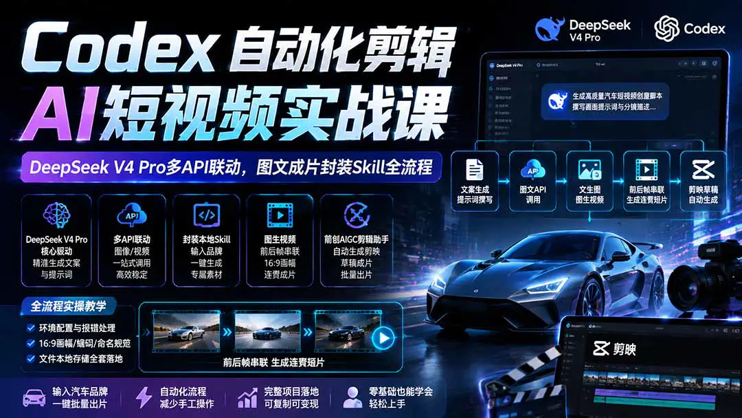 Codex自动化剪辑AI短视频实战课,DeepSeek V4 Pro模型,封装Skill+文生图+图生视频全流程