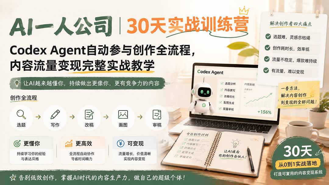 AI一人公司实战训练营，Codex Agent自动参与内容创作全流程，流量变现