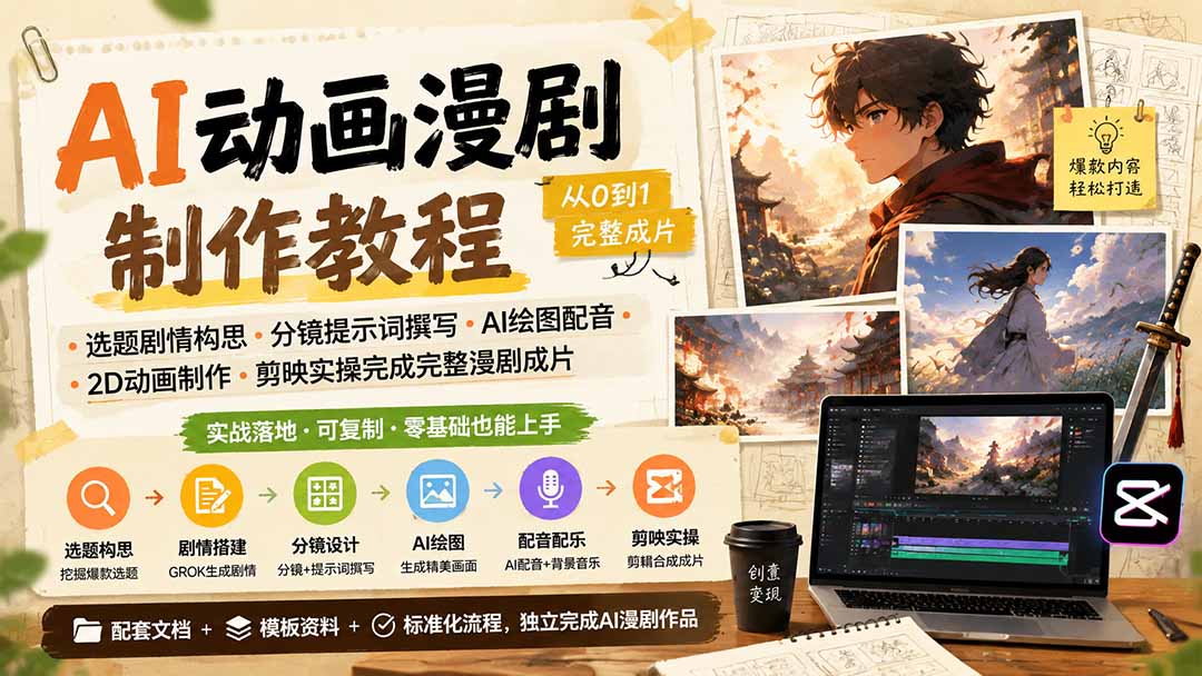 AI动画漫剧制作教程,选题构思剧情分镜AI绘图配音剪映成片