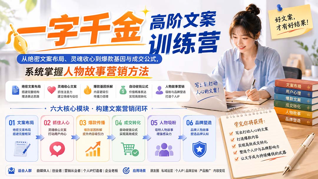 文案营销系统课：文案布局、用户收心、爆款传播、成交转化、人物吸粉、品牌塑造