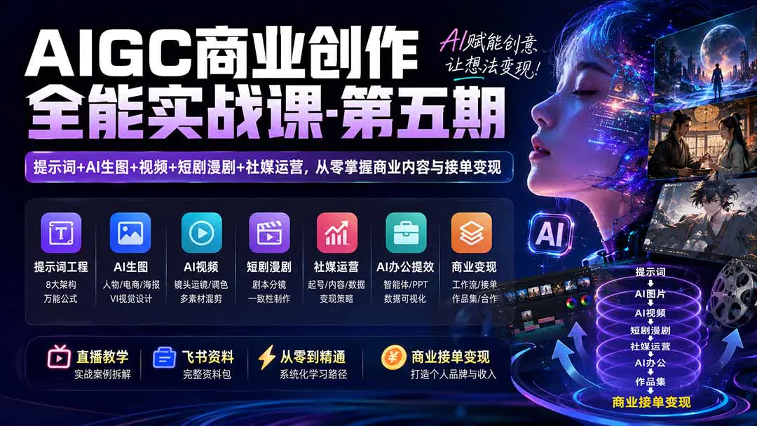 AI商业创作实战课:AI视觉创作+视频生成+短剧漫剧+新媒体运营+办公提效+商业变现