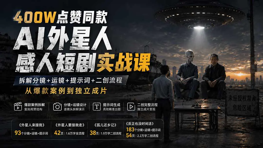 AI外星人感人短剧实战课:拆解分镜+运镜+提示词+二创流程,从爆款案例到独立成片