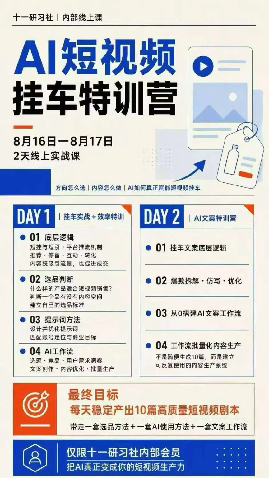 AI短视频挂车+AI文案线上课:2天掌握选品方法+AI使用方法+文案创作优化工作流,实现每天10篇高质量剧本生产线