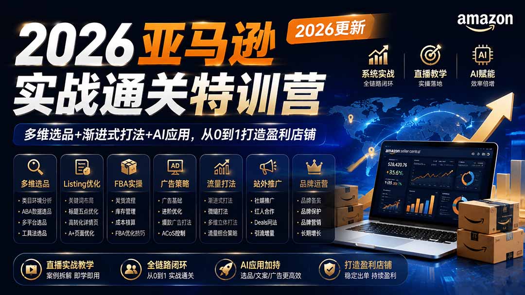 2026亚马逊跨境电商实战课，多维选品+Listing优化+FBA实操+引流推广+AI应用，从0到1打造盈利店铺