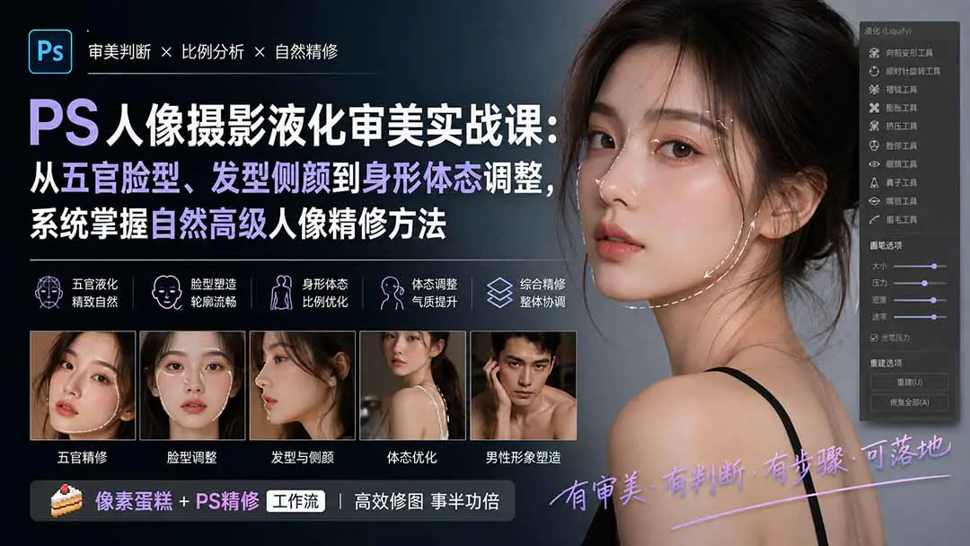 PS人像摄影液化审美实战课:从五官脸型、发型侧颜到身形体态调整,系统掌握自然高级人像精修方法