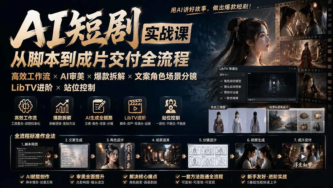 AI短剧/漫剧实战课:高效工作流+AI审美+爆款拆解+文案角色场景分镜+LibTV进阶+站位控制,从脚本到成片交付全流程