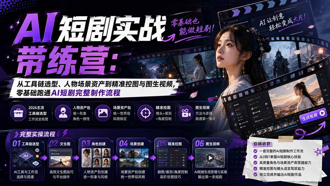 AI短剧实战训练营：从创意到成片，零基础入门文生图+角色场景资产包+融图控图+图生视频，跑通AI短剧全流程