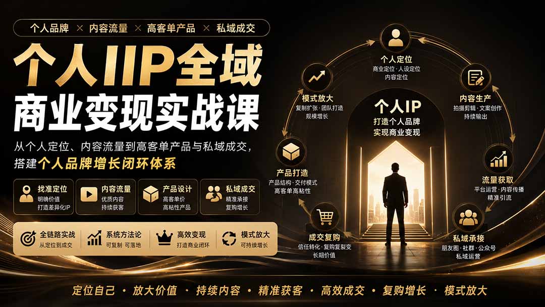 个人IP全域商业变现实战课:IP定位+内容生产+流量获取+产品设计+私域承接+成交复购,打造完整个人品牌商业闭环