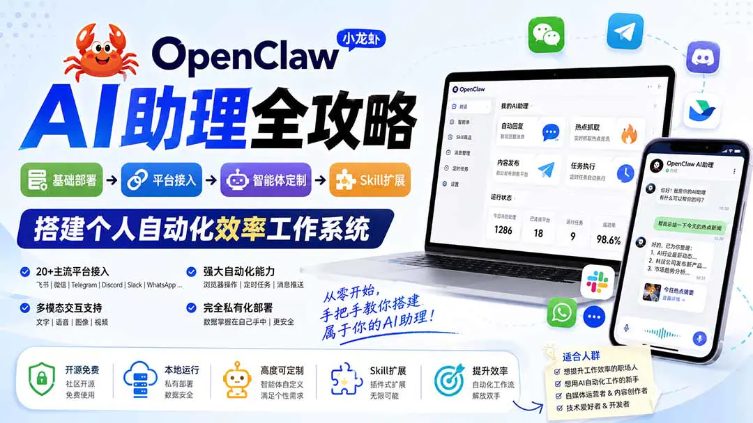 OpenClaw小龙虾AI助理全攻略:基础部署+平台接入+智能体定制+Skill扩展,搭建个人自动化效率工作系统