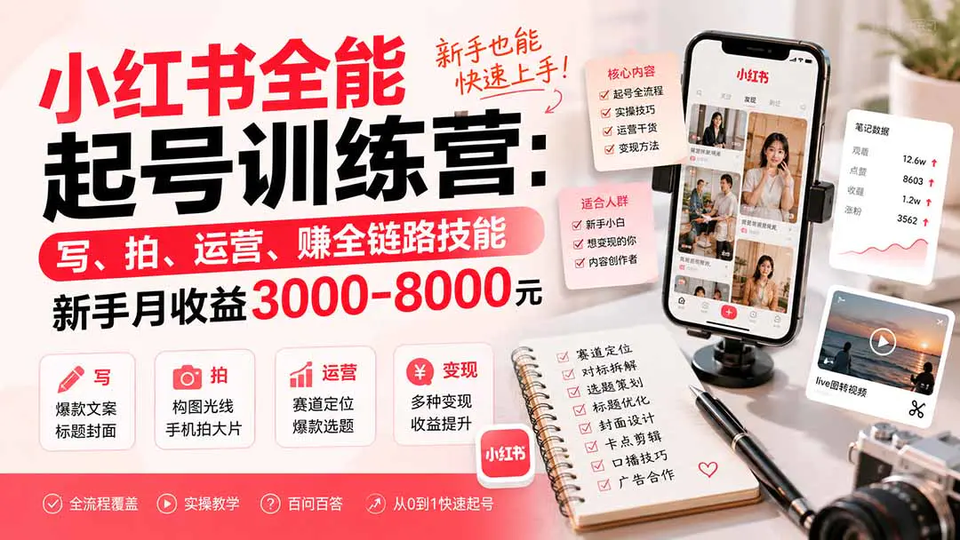 小红书起号全能课:写、拍、运营、变现全链路技能,新手月收益3000-8000元