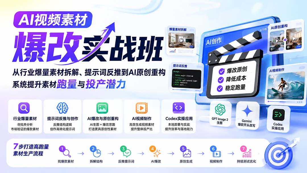 AI视频素材爆改实战班：从行业爆量素材拆解、提示词反推到AI原创重构，系统提升素材跑量与投产潜力