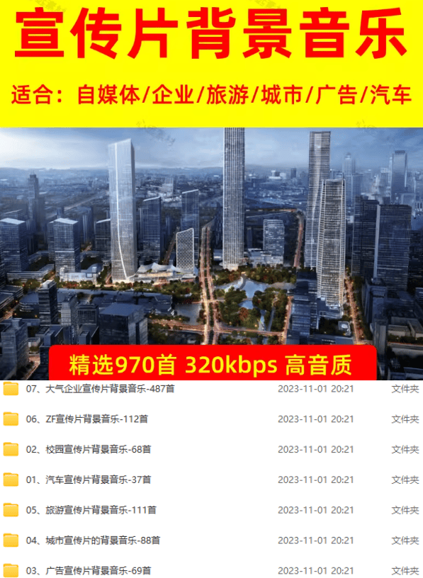 常用音效合集！970+首宣传片背景音乐，无版权可商用大气素材，分类清晰，6G高质量内容