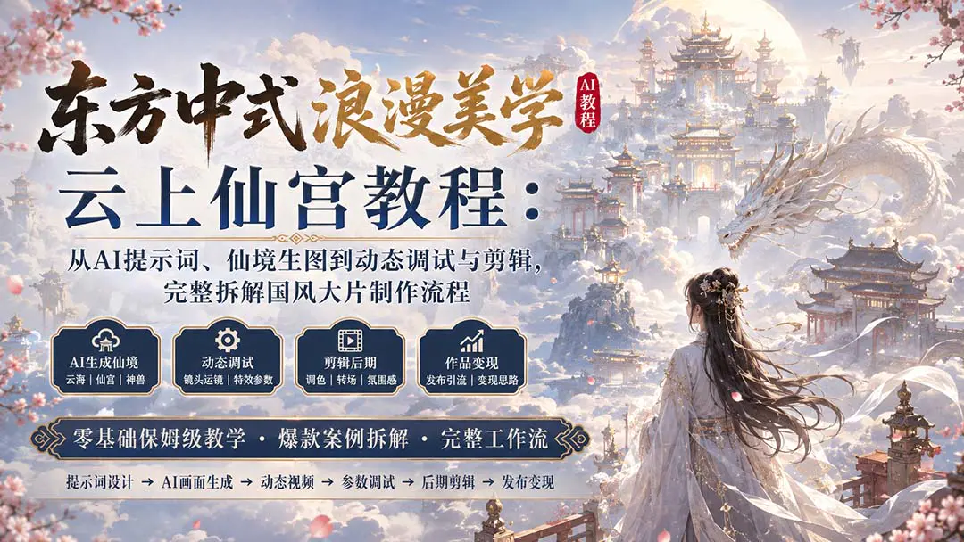 东方中式浪漫美学云上仙宫AI视频制作教程:从提示词、仙境生图到动态调试与剪辑完整流程