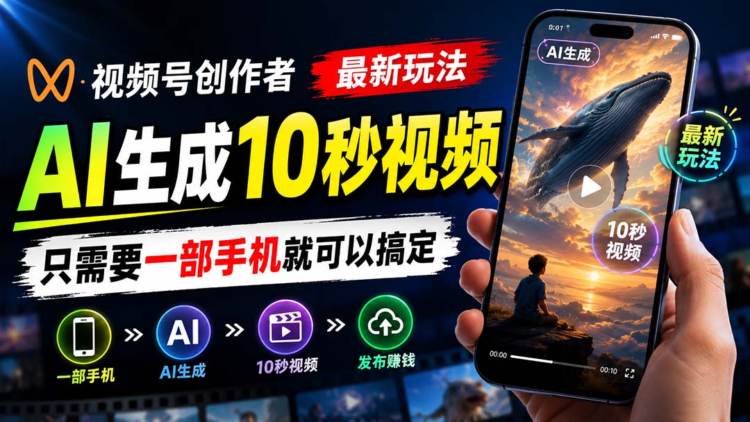 视频号创作分成最新玩法，AI生成10秒视频，只需要一部手机就可以搞定