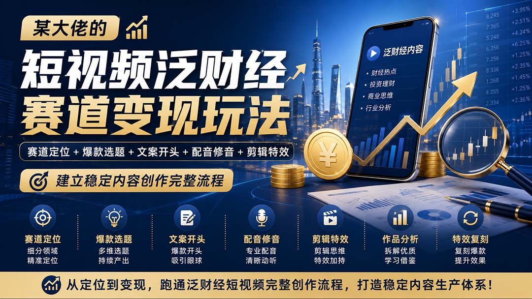 短视频泛财经赛道变现玩法：赛道定位+爆款选题+文案开头+配音修音+剪辑特效，建立稳定内容创作完整流程