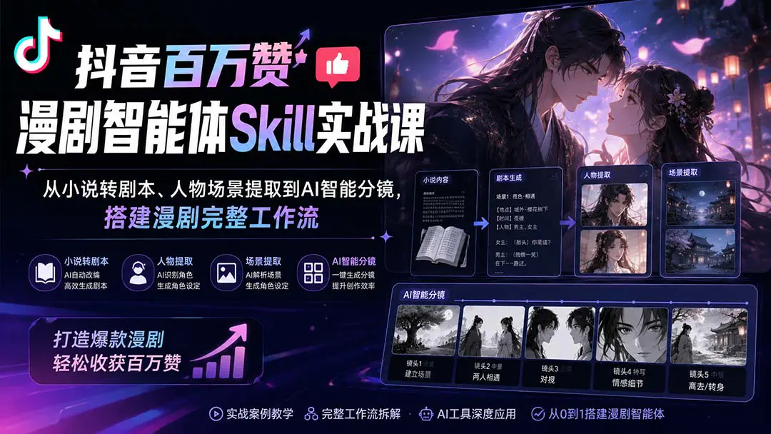 抖音百万赞漫剧智能体Skill实战课:从小说转剧本、人物场景提取到AI智能分镜,搭建漫剧完整工作流