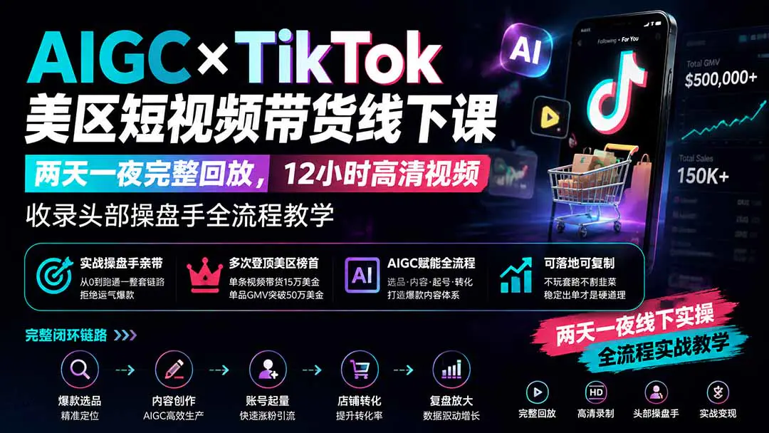 AI+TikTok美区短视频带货线下课,高清视频收录头部操盘手全流程教学