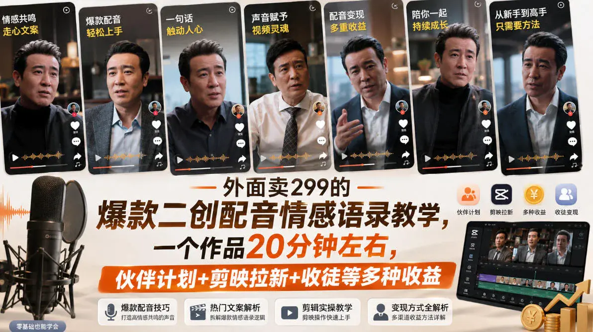 影视剧人物情感语录配音号实操课:20分钟做爆款,伙伴计划+剪映拉新+收徒变现(飞书文档)
