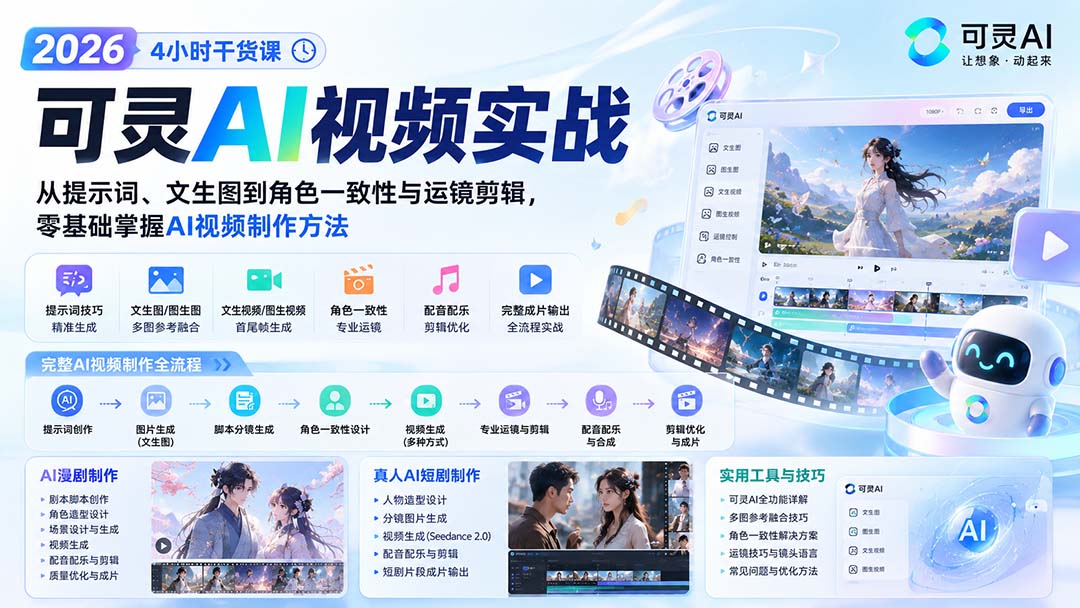 2026可灵AI视频制作实战干货课：从提示词、文生图、AI分镜到角色一致性与运镜剪辑，零基础掌握AI视频制作方法