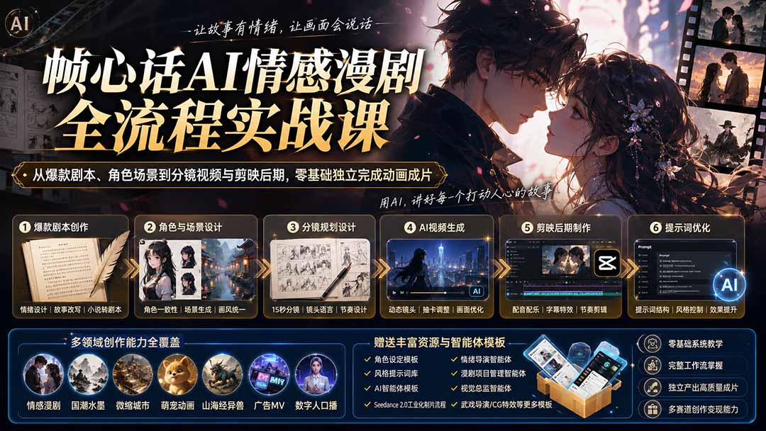 AI动画全流程实战课，剧本+角色生图+分镜+视频生成+剪映后期+提示词优化，零基础独立完成动画成片