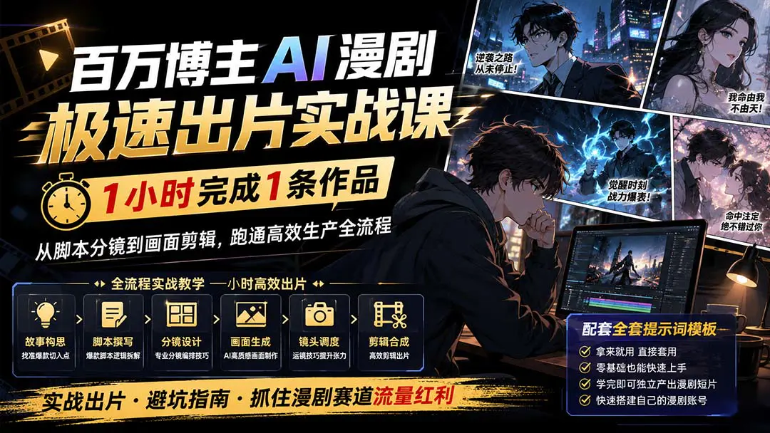 百万博主漫剧从0到1实战课:爆款漫剧策划+脚本创作+人物/场景/道具+AI分镜+画面生成+后期剪辑全流程拆解