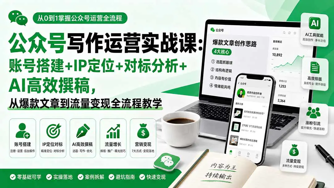 零基础公众号写作运营实战课:账号搭建+IP定位+对标分析+AI高效撰稿,从爆款文章到流量变现全流程教学