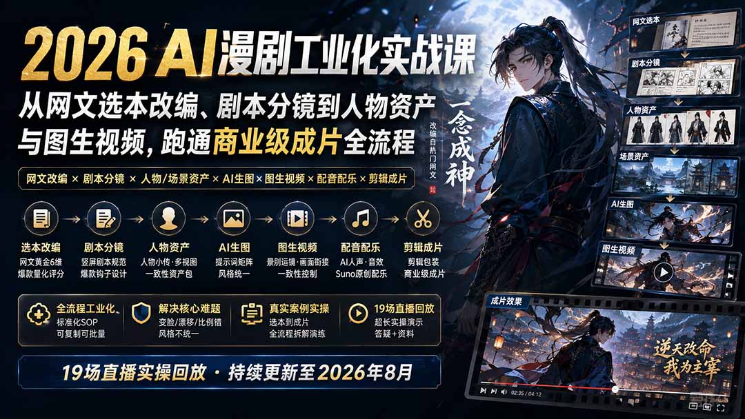 2026AI漫剧工业化制作SOP：从网文选本改编、剧本分镜到人物资产与图生视频，跑通商业级成片全流程