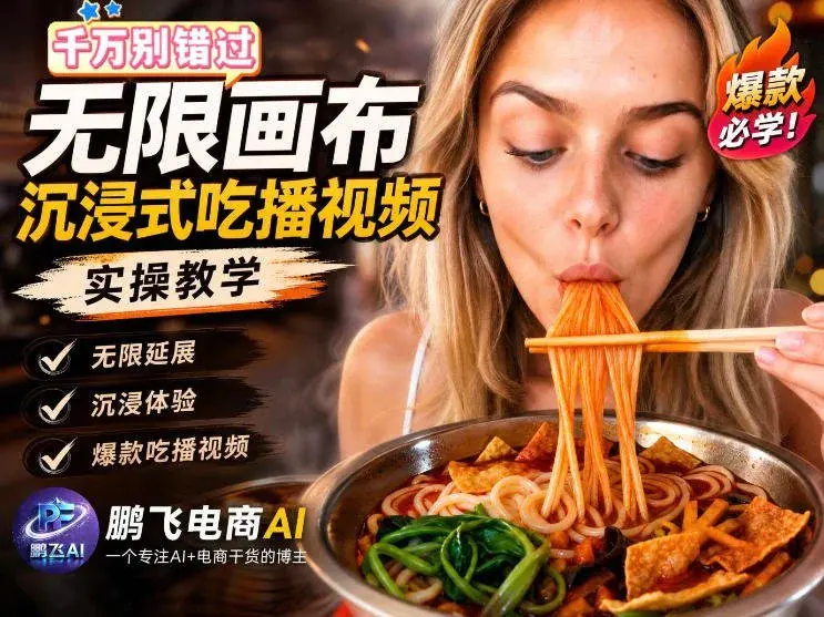 AI沉浸式吃播视频,无需露脸不用买食材,无线画布三步出片