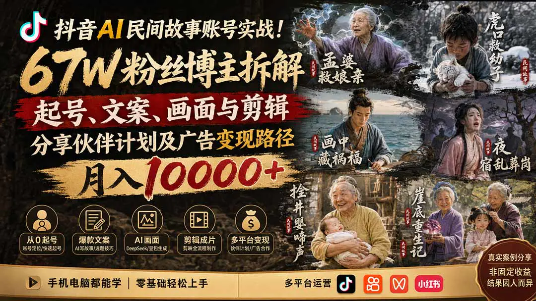 抖音AI民间故事短视频制作实战,拆解起号、文案、画面、剪辑与账号运营变现