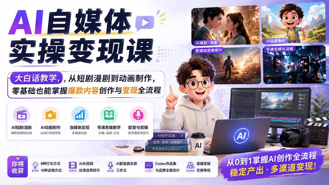 AI自媒体实操变现课，从短剧漫剧到动画制作，零基础也能掌握爆款内容创作与变现全流程