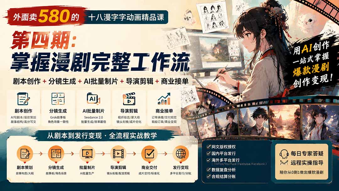 AI漫剧制作课：剧本创作+分镜生成+AI批量制片+导演剪辑+商业接单，一站式漫剧生产体系