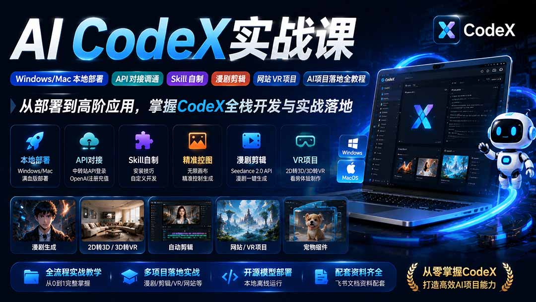 AI  CodeX从0到1实战课，本地部署+API对接调通+Skill自制+漫剧剪辑+VR项目+AI项目
