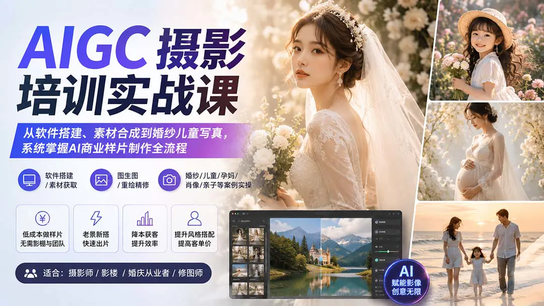 AI摄影培训实战课:从软件搭建、素材合成到婚纱儿童写真,系统掌握AI商业样片制作全流程