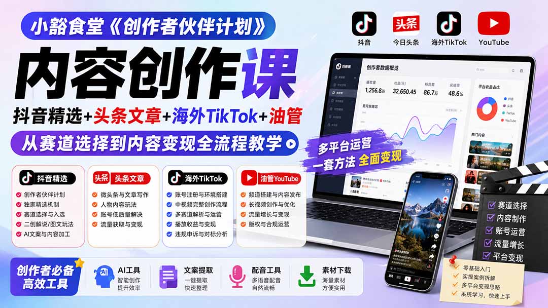 内容创作课:抖音精选+头条文章+海外TikTok+油管,从赛道选择到内容变现全流程教学