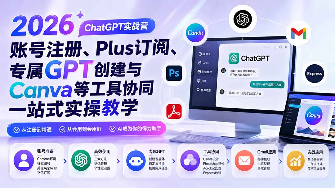 2026 ChatGPT实战营,账号注册、Plus订阅、专属GPT创建与Canva等工具协同一站式实操教学