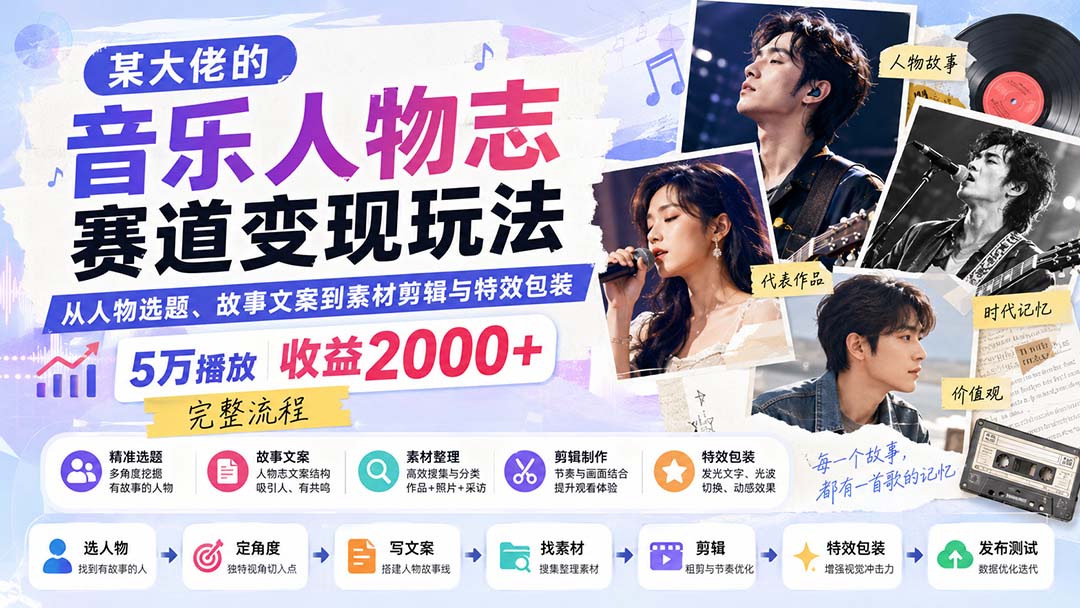 音乐人物志赛道变现玩法：从人物选题、故事文案到素材剪辑与特效包装，5万播放收益2000+