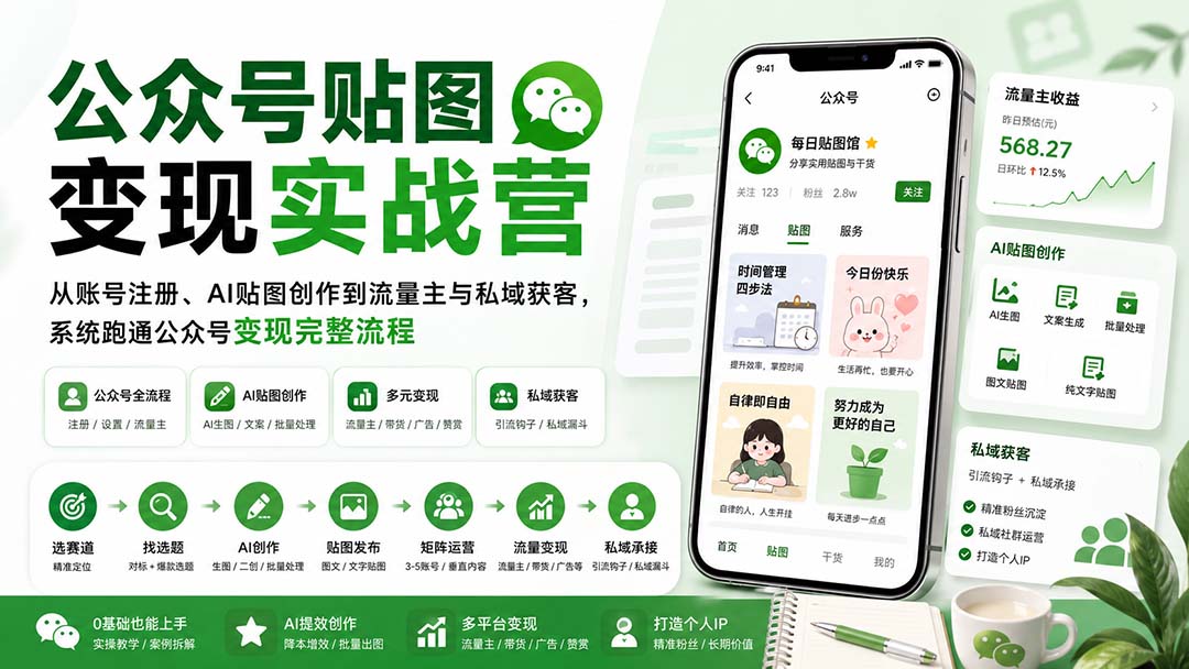 公众号贴图变现实战营：从账号注册、AI贴图创作、矩阵运营到流量变现与私域获客（飞书文档）