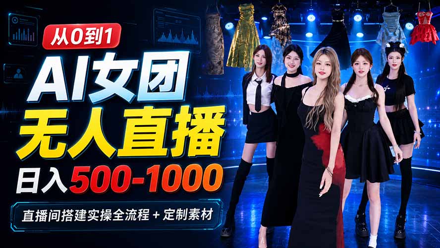 AI女团无人直播，躺入500-1000每天，直播间搭建实操全流程+定制素材