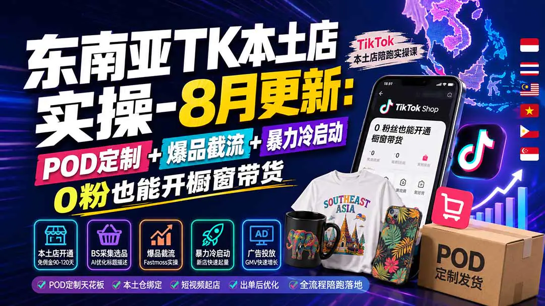 东南亚TikTok本土店实操:POD定制+爆品截流+暴力冷启动,0粉也能开橱窗带货-8月更新