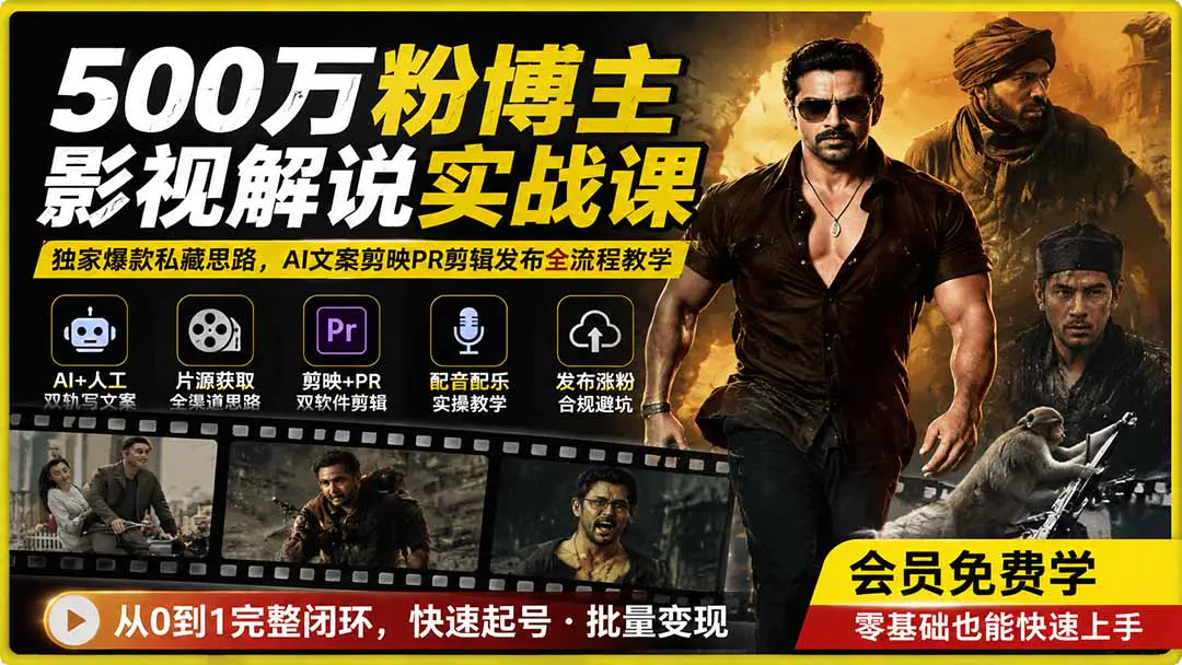 电影解说实战课,零基础AI+人工文案剪映PR剪辑发布全流程