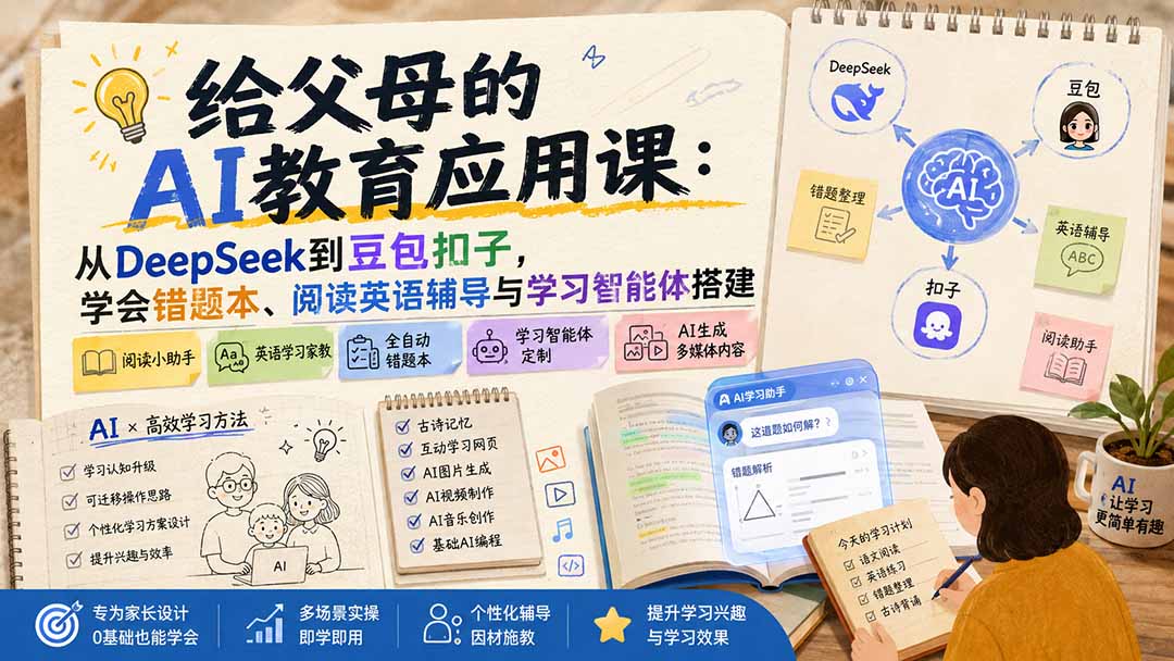 家长AI教育应用课：从DeepSeek到豆包智能体，学会错题本、阅读英语辅导与学习智能体搭建