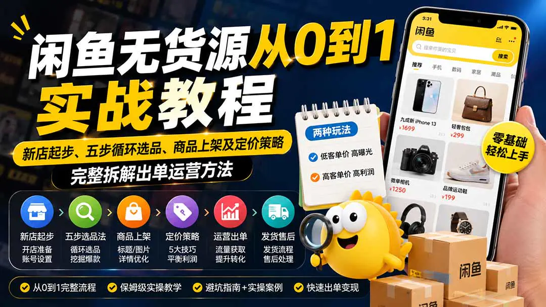 闲鱼无货源从0到1实战教程,新店起步、五步循环选品、商品上架及定价策略,完整拆解出单运营方法