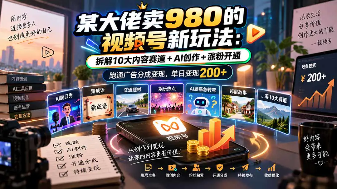 视频号新玩法:拆解10大内容赛道+AI创作+涨粉开通,跑通广告分成变现