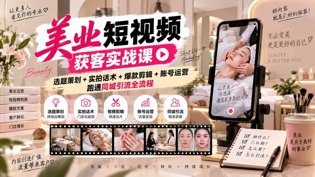 美业门店短视频获客实战课:从选题话术、实拍开头到案例剪辑与同城运营,拆解5类爆款视频获客逻辑
