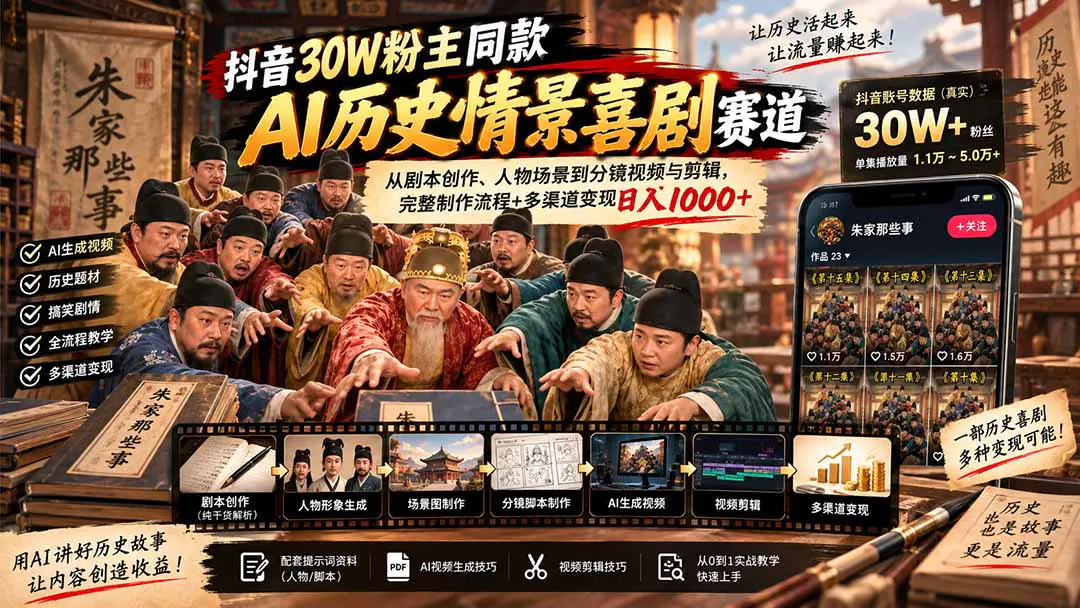 抖音AI历史情景喜剧赛道创作课:从剧本、历史人物场景到分镜与AI视频生成,跑通剧情短视频全流程+多渠道变现