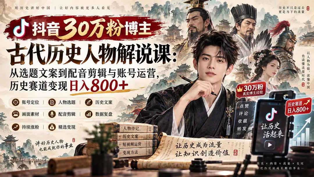 抖音古代历史人物解说课:从选题文案到配音剪辑与账号运营变现